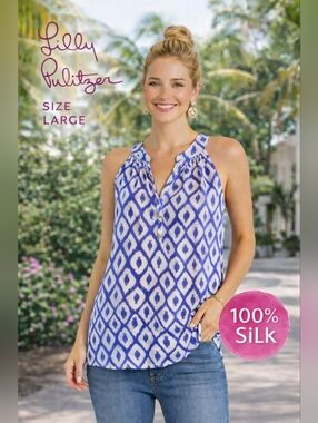 Lilly Pulitzer Silk Tunic Top Electric Blue Ikat Sleeveless Size L